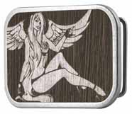 525336 Rocker Lady with wings on brown wood buckle